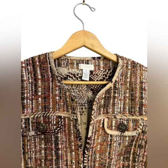 Chicos Womens Fringe Tweed Ina Wool Blend Jacket Blazer Animal Print Lining Trim - Picture 3 of 9